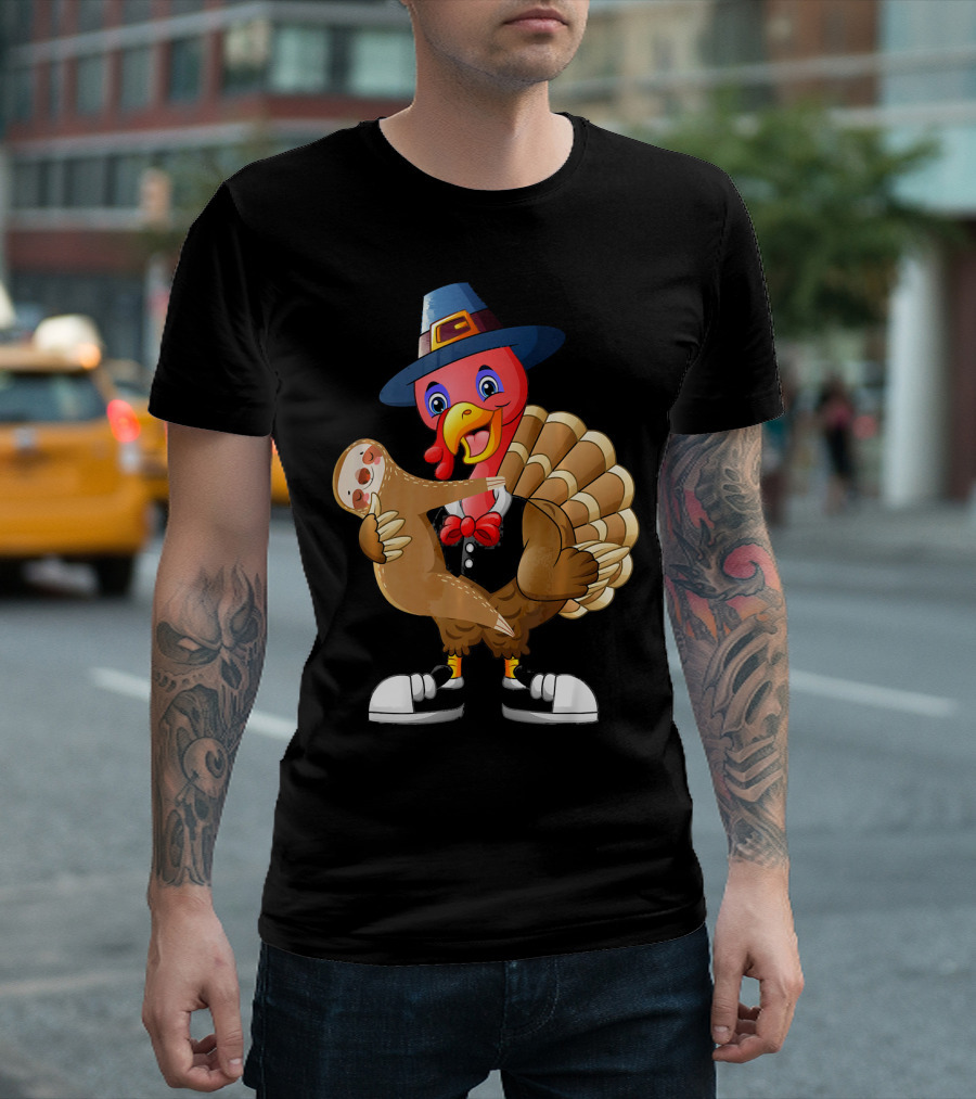Funny Sloth Thanksgiving Turkey Holding Hugging Silly T-Shirt