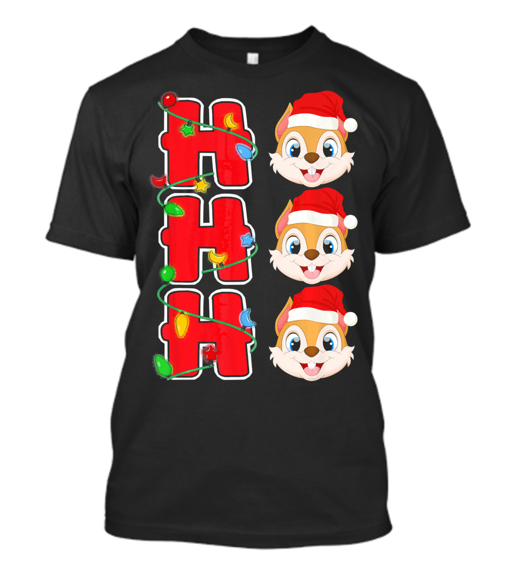Ho Ho Ho Santa Squirrel Christmas Lights And Santa Hat Faces T-Shirt