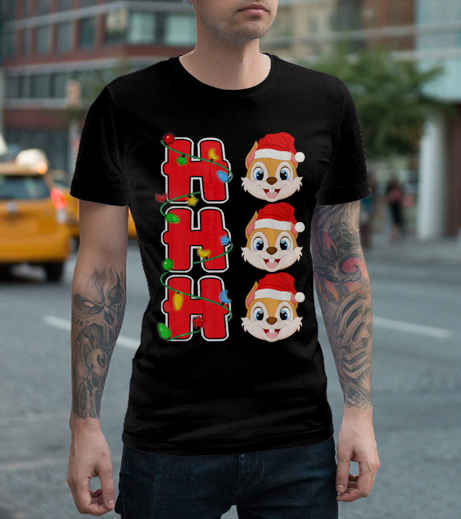 Ho Ho Ho Santa Squirrel Christmas Lights And Santa Hat Faces T-Shirt