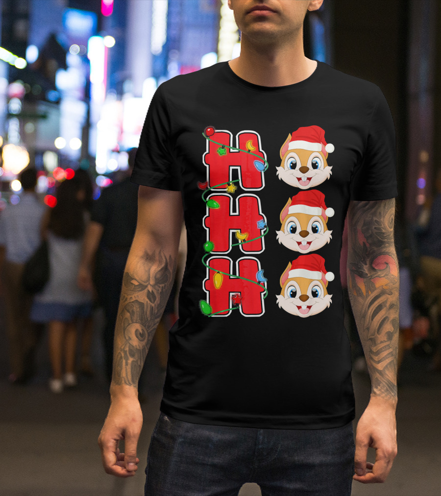 Ho Ho Ho Santa Squirrel Christmas Lights And Santa Hat Faces T-Shirt