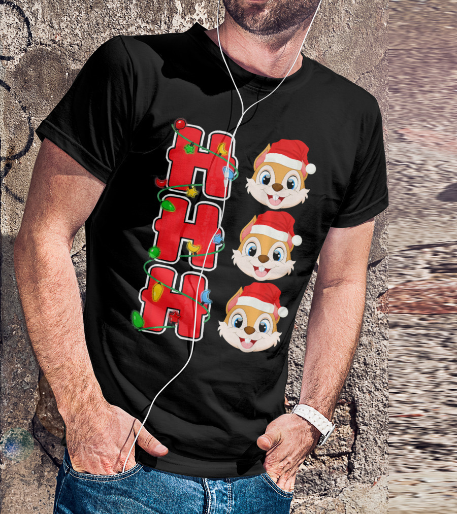 Ho Ho Ho Santa Squirrel Christmas Lights And Santa Hat Faces T-Shirt