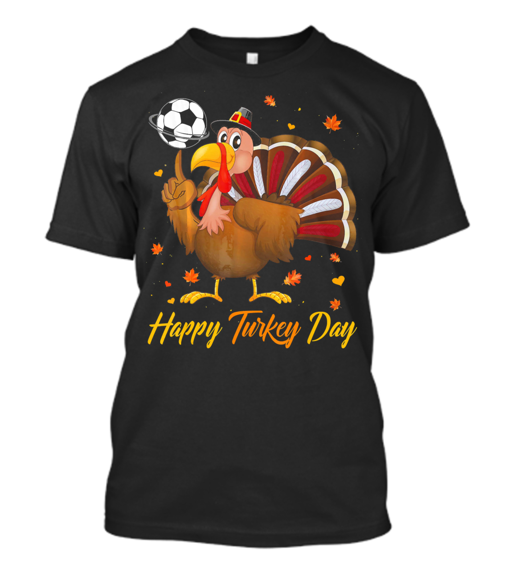 Happy Turkey Day Turkey Soccer Football Turkey With Pilgrim Hat T-Shirt