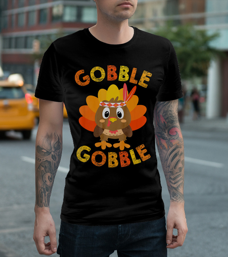 Gobble Gobble Turkey With Feather Headband And Colorful Tail T-Shirt