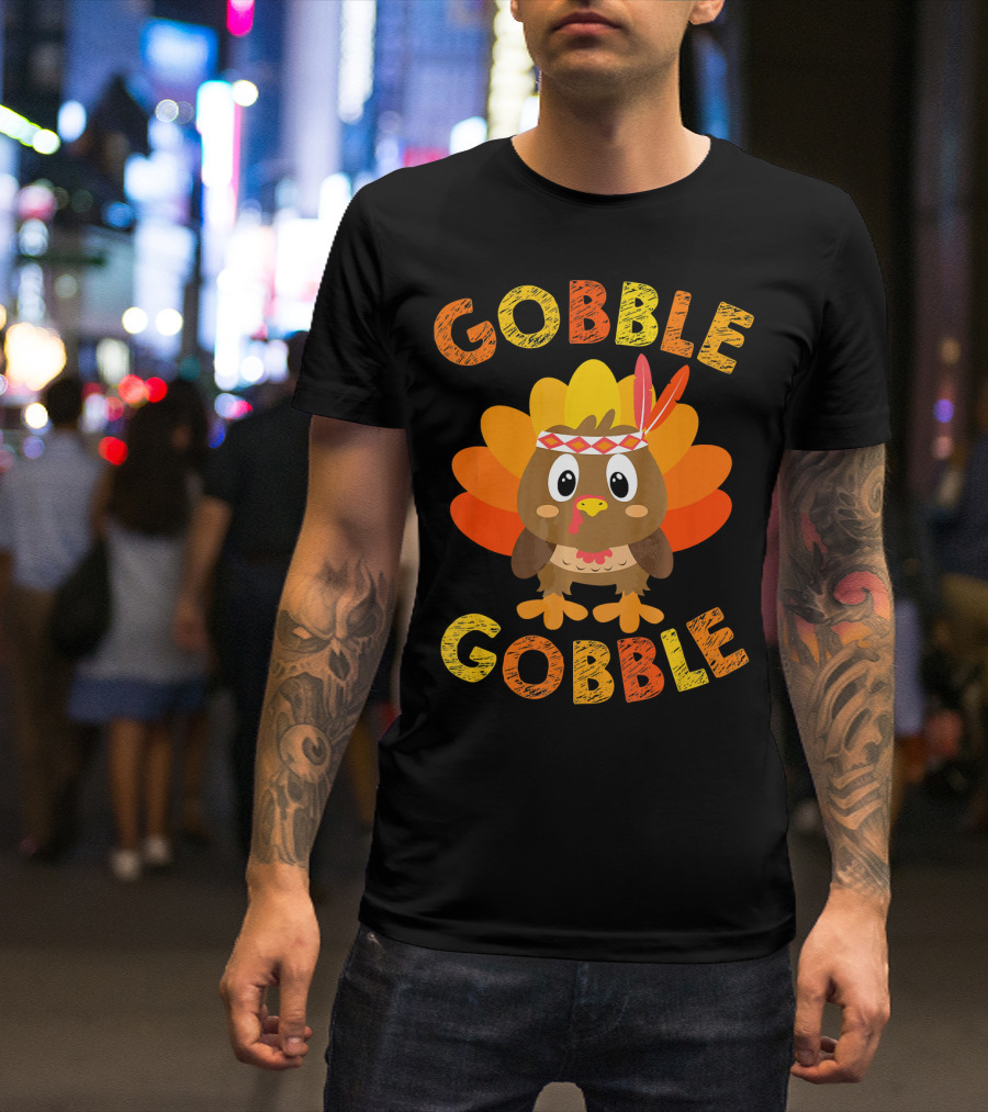 Gobble Gobble Turkey With Feather Headband And Colorful Tail T-Shirt