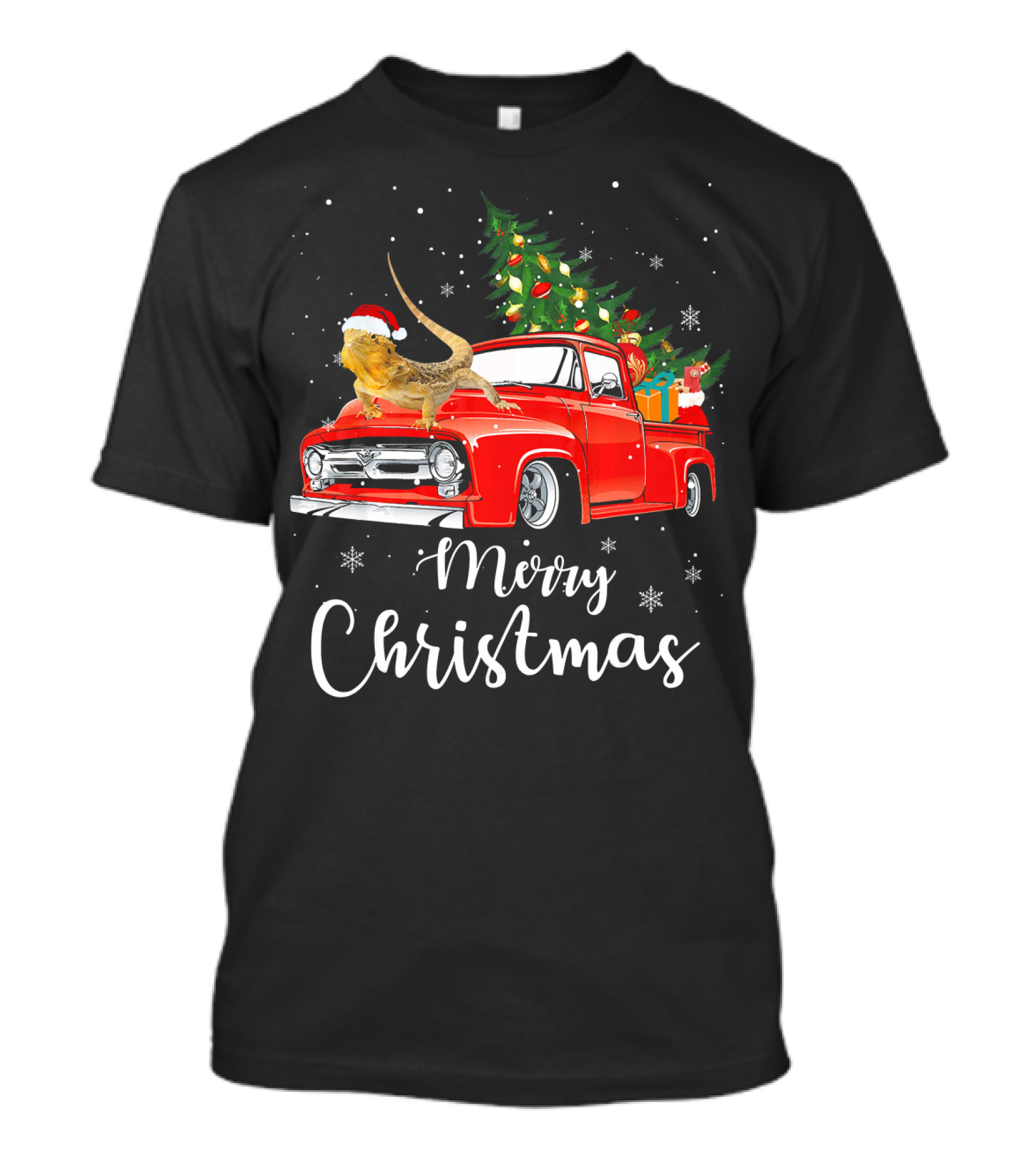 Merry Christmas Bearded Dragon Santa Rides Red Truck T-Shirt