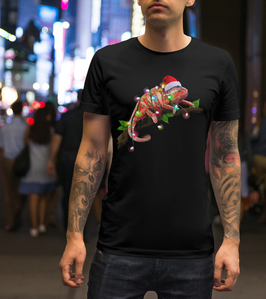 Chameleon Wrapped In Christmas Lights With Santa Hat T-Shirt