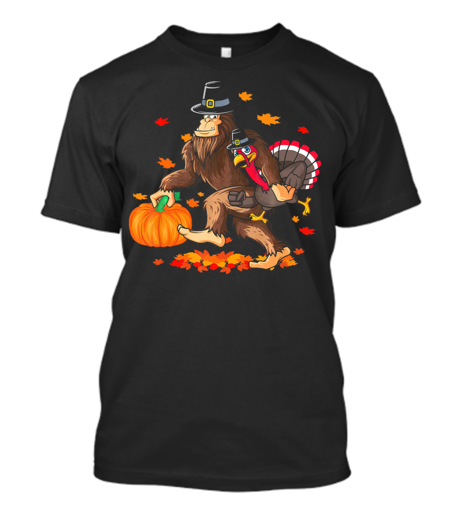 Funny Bigfoot Thanksgiving Pilgrim Turkey Holding Pumpkin With Autumn Leaves T-Shirt