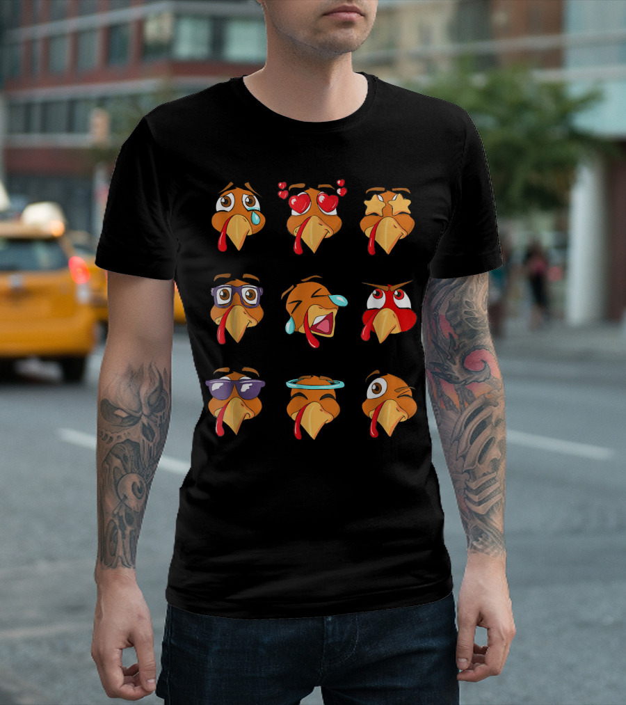 Funny Turkey Emoji Faces Tears Love Stars Glasses Halo Winking T-Shirt