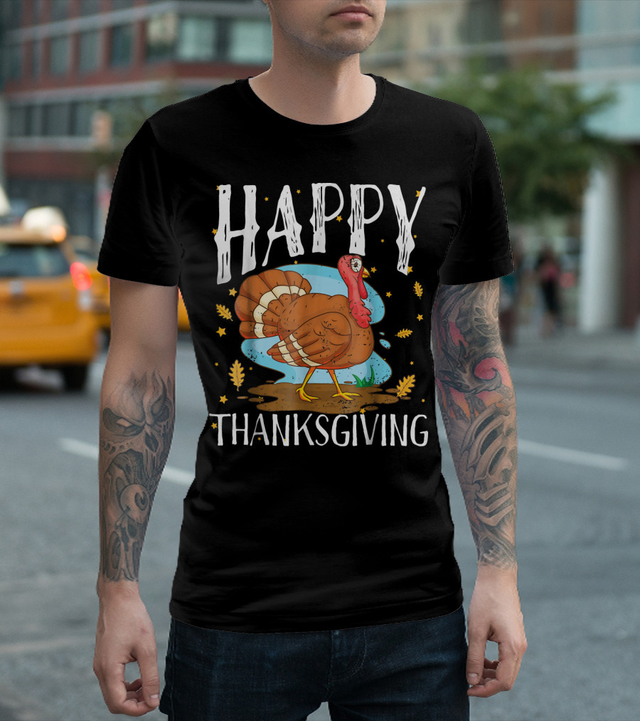 Happy Thanksgiving Funny Turkey with Autumn Leaves and Stars T-Shirt
