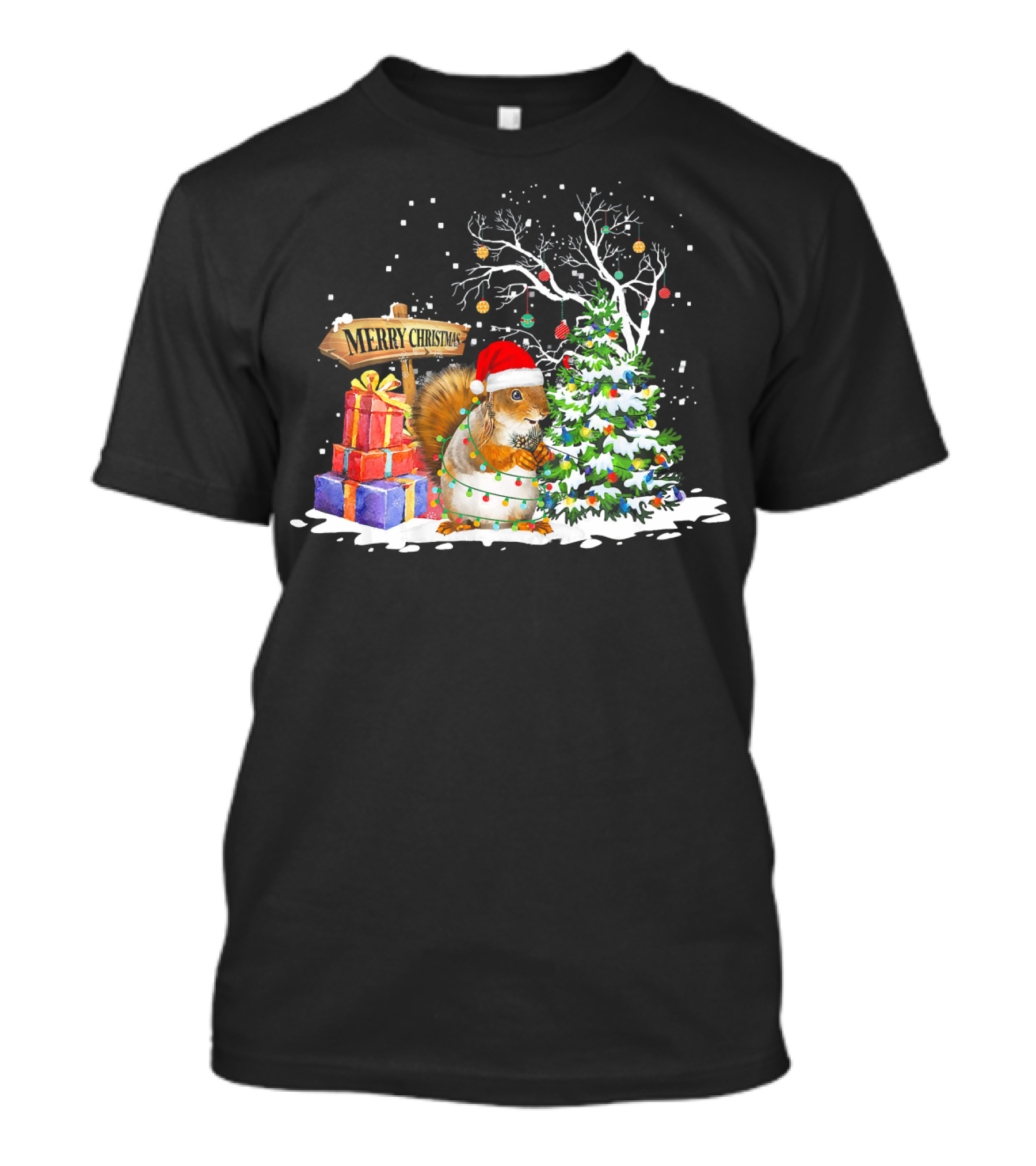Merry Christmas Funny Squirrel Santa With Gifts And Tree T-Shirt