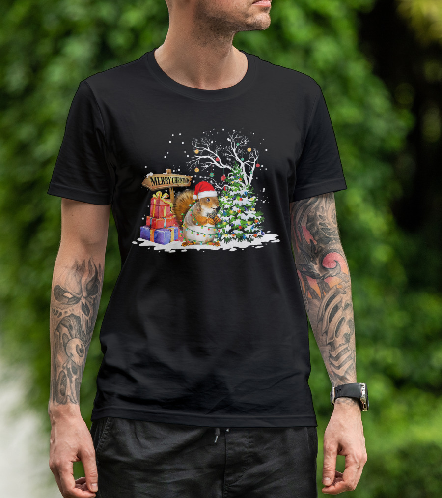 Merry Christmas Funny Squirrel Santa With Gifts And Tree T-Shirt