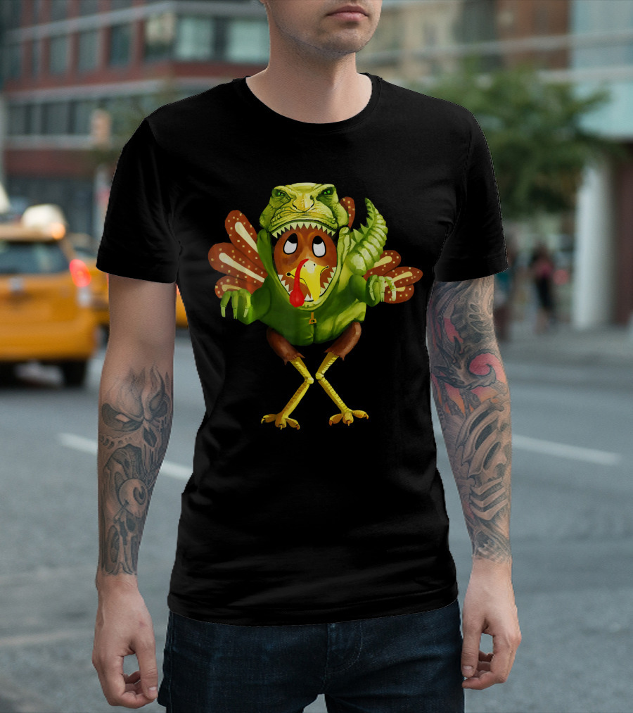 Funny Turkey Panicking in Dinosaur Costume T-Shirt