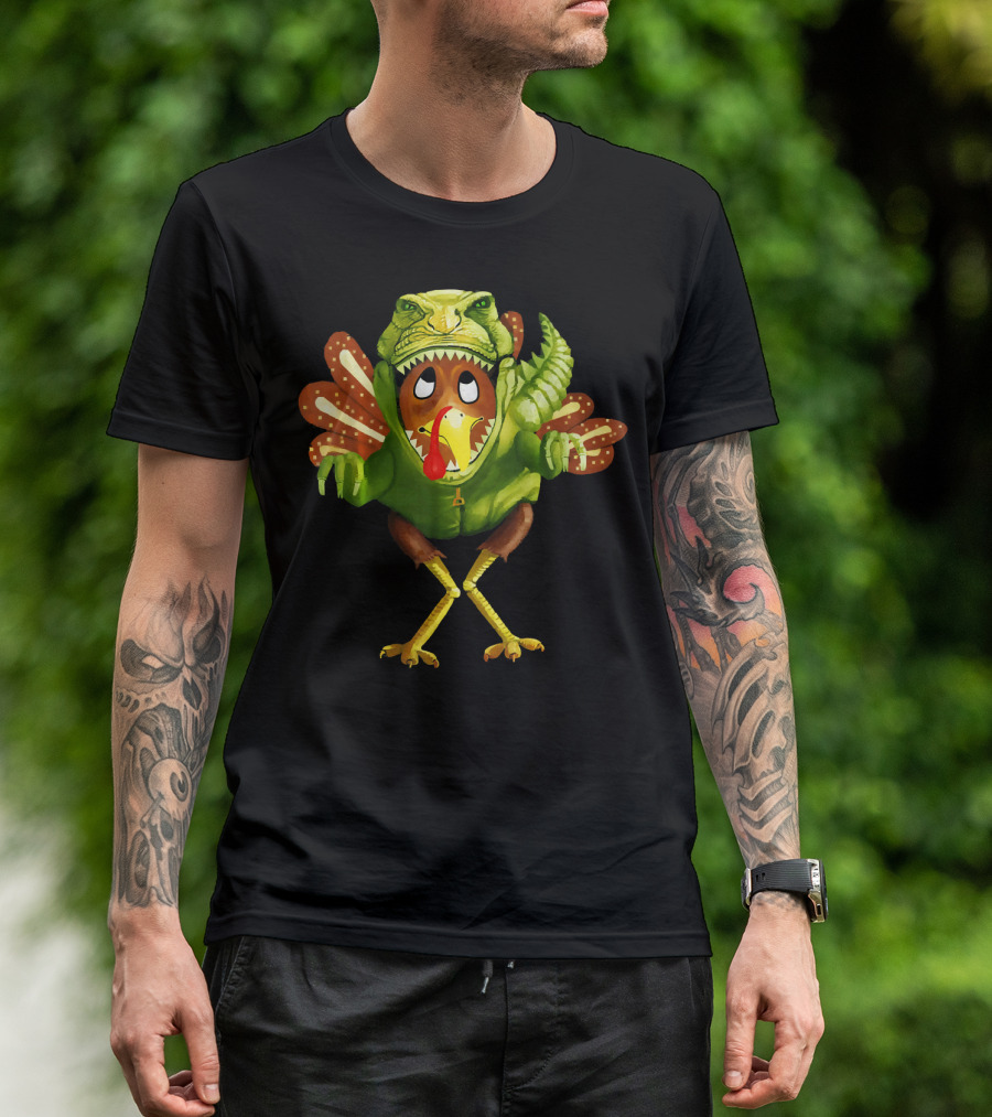 Funny Turkey Panicking In Dinosaur Costume T-Shirt