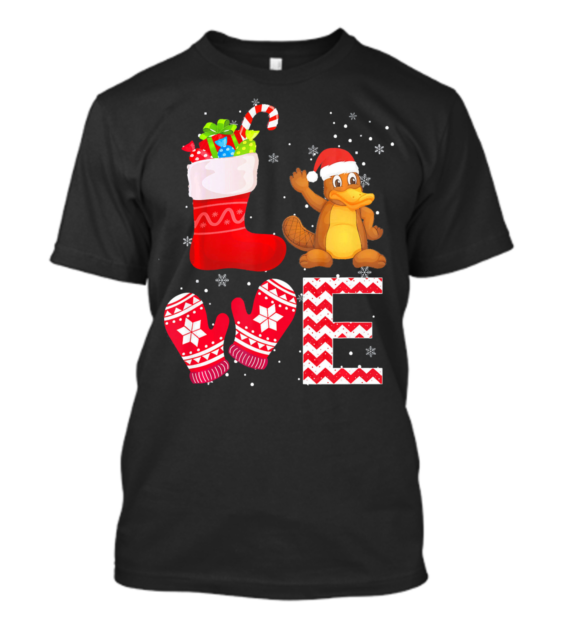 Funny Christmas Platypus Lover Santa Stocking And Mittens T-Shirt