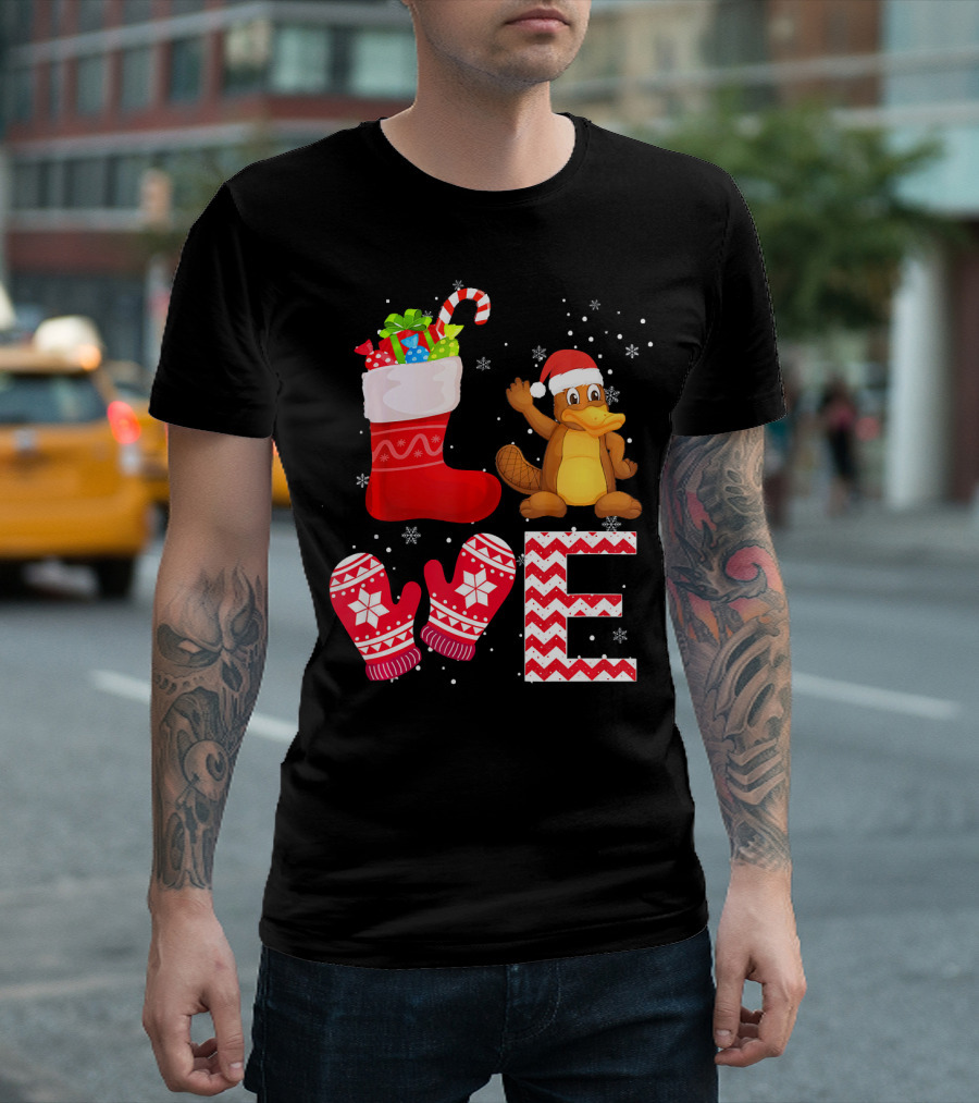 Funny Christmas Platypus Lover Santa Stocking And Mittens T-Shirt