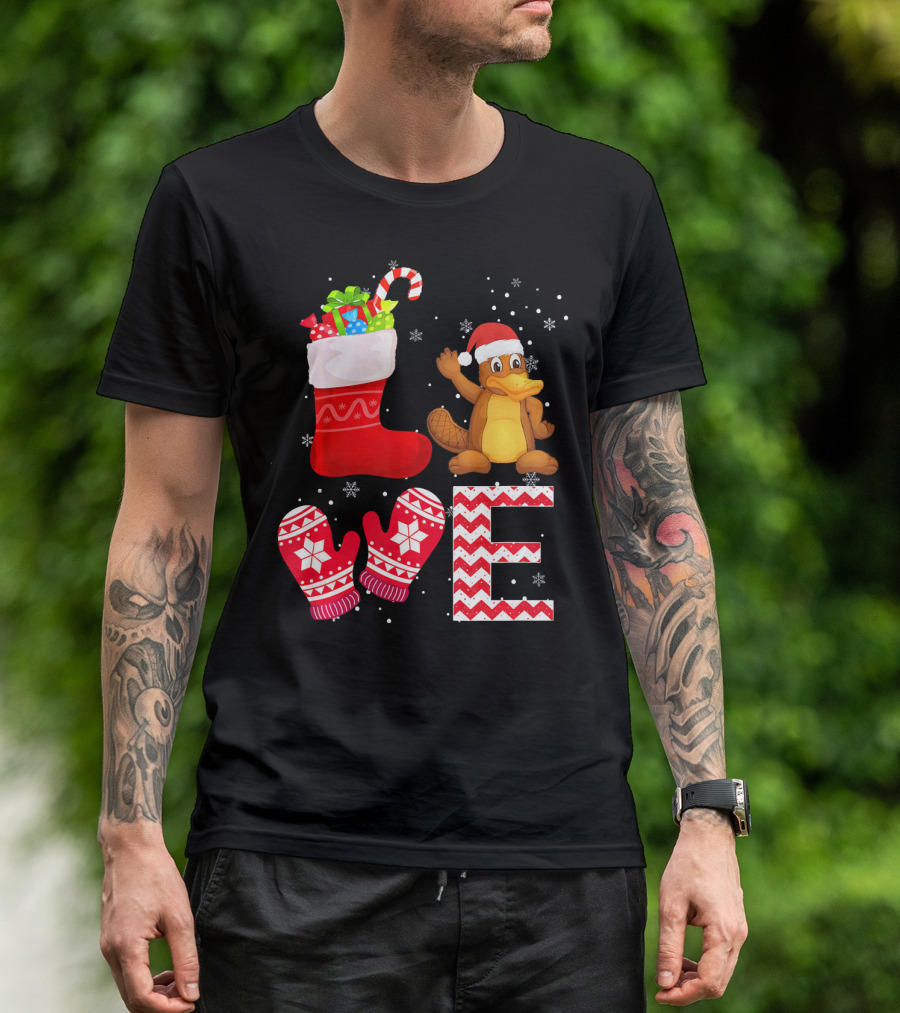 Funny Christmas Platypus Lover Santa Stocking And Mittens T-Shirt