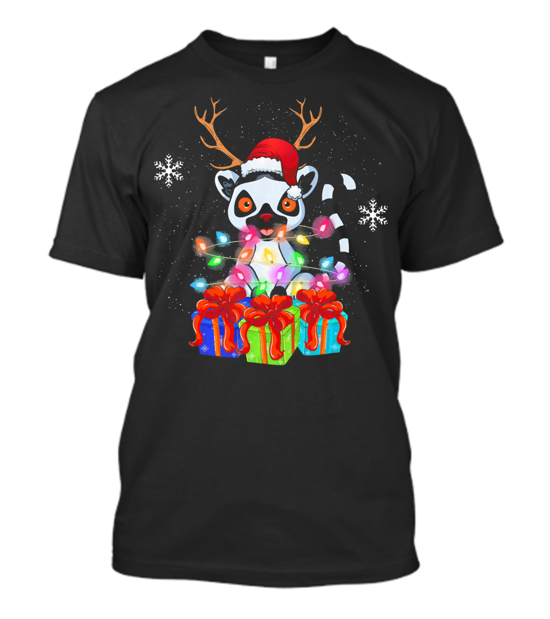 Funny Lemur With Christmas Xmas Lights Reindeer Antlers Santa Hat Snowflakes Gift Boxes T-Shirt
