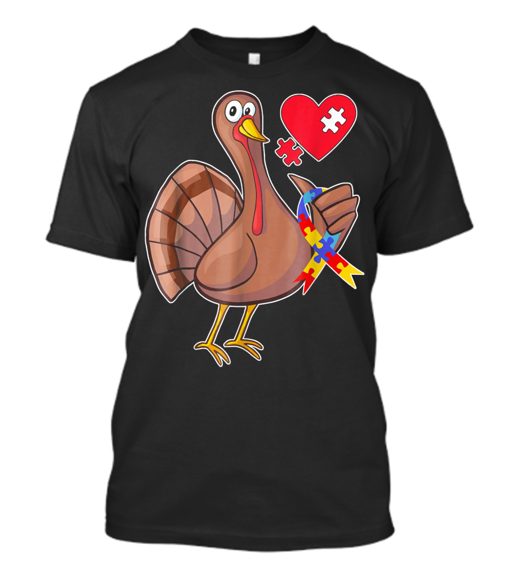 Thanksgiving Turkey With Autism Awareness Puzzle Ribbon And Heart T-Shirt