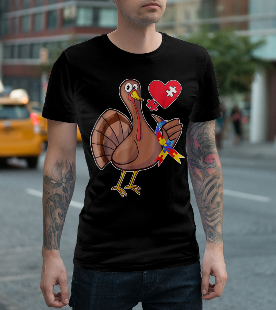 Thanksgiving Turkey With Autism Awareness Puzzle Ribbon And Heart T-Shirt