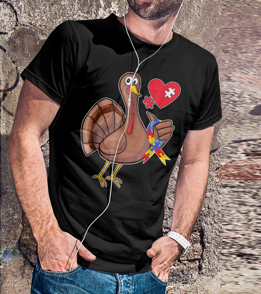 Thanksgiving Turkey With Autism Awareness Puzzle Ribbon And Heart T-Shirt