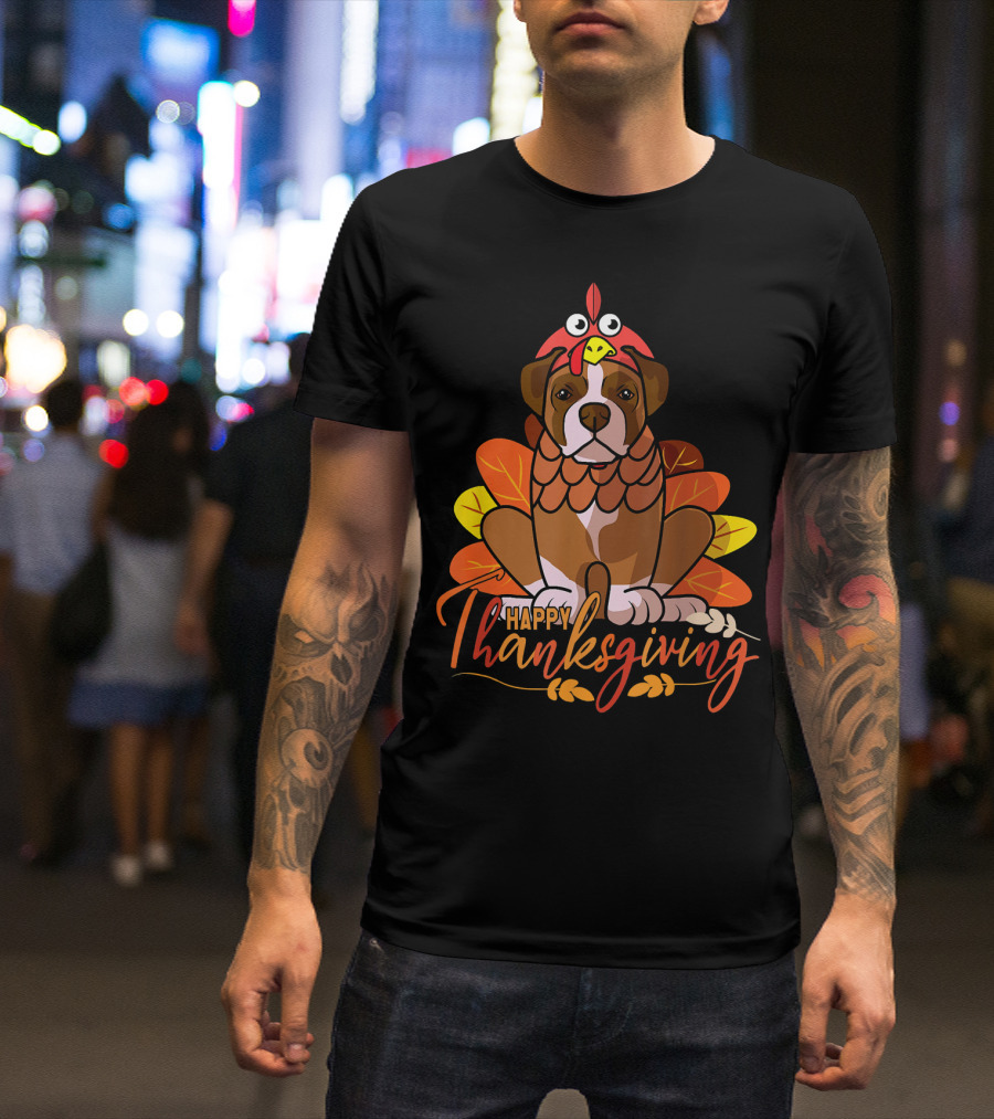 Happy Thanksgiving Boxer Dog In Turkey Costume With Autumn Leaves T-Shirt