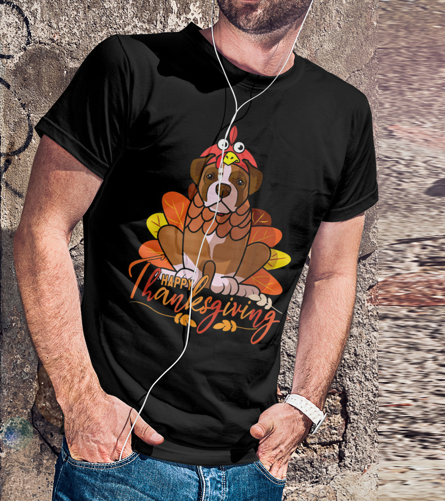 Happy Thanksgiving Boxer Dog In Turkey Costume With Autumn Leaves T-Shirt