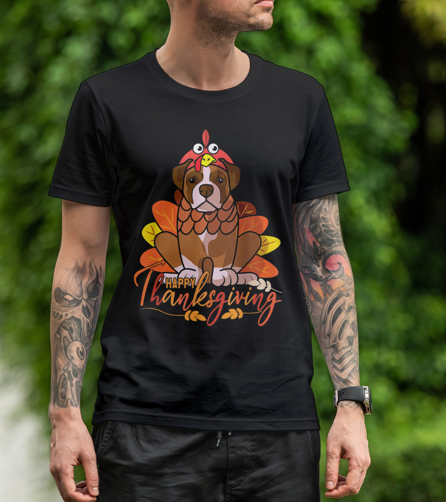 Happy Thanksgiving Boxer Dog In Turkey Costume With Autumn Leaves T-Shirt