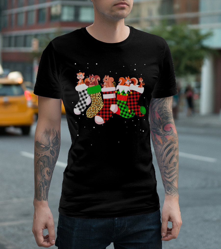 Squirrels with Christmas Pattern Stockings and Snowflakes T-Shirt