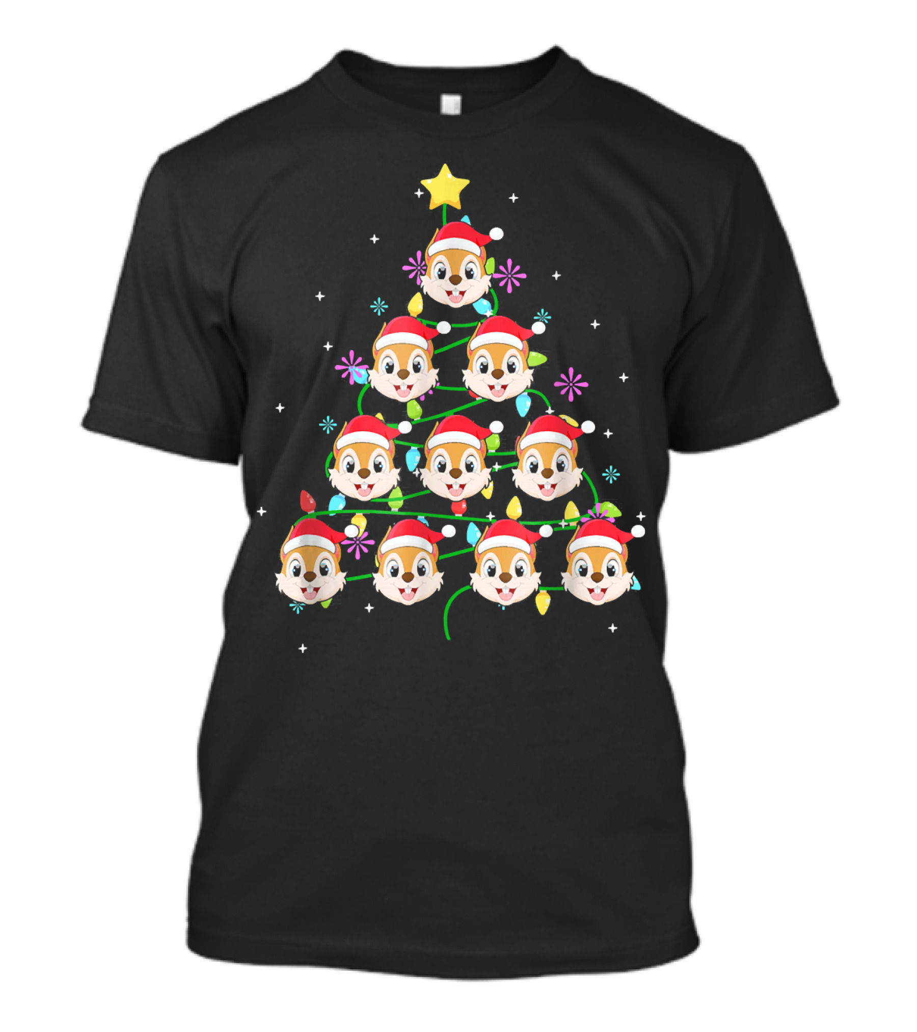 Funny Squirrel Holiday Tree With Christmas Lights And Santa Hats T-Shirt