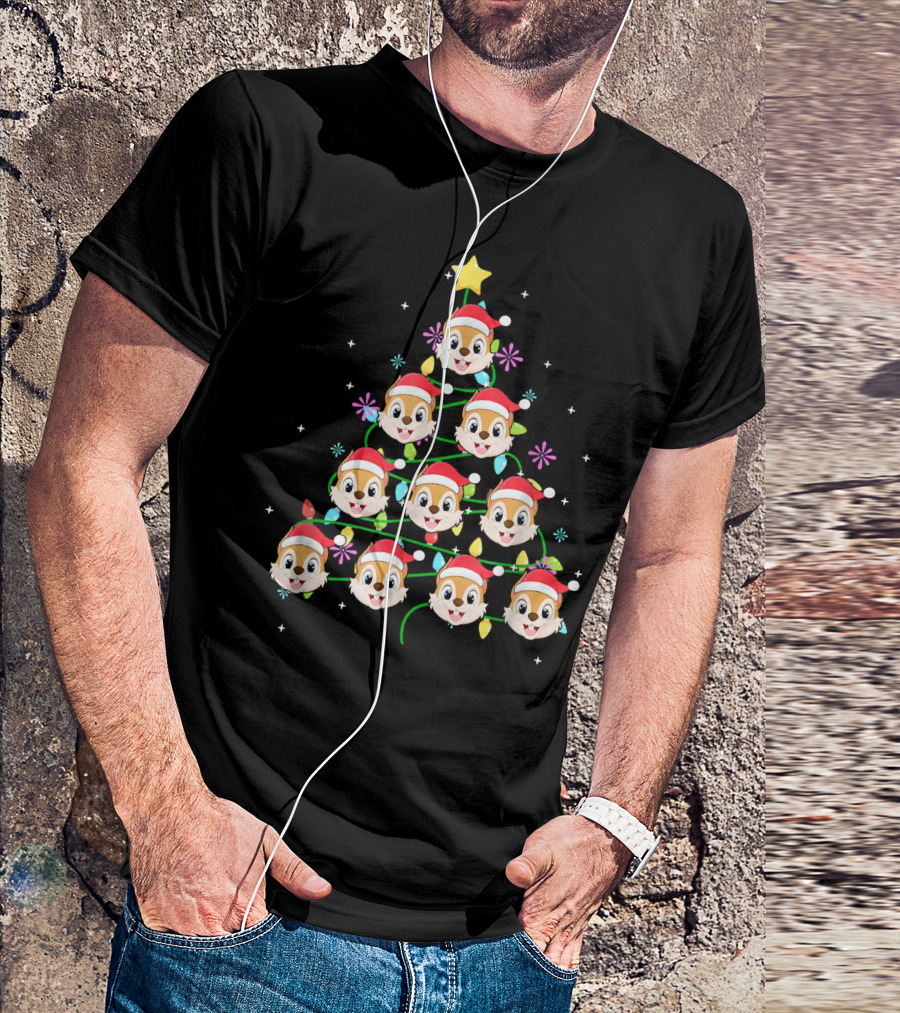 Funny Squirrel Holiday Tree With Christmas Lights And Santa Hats T-Shirt