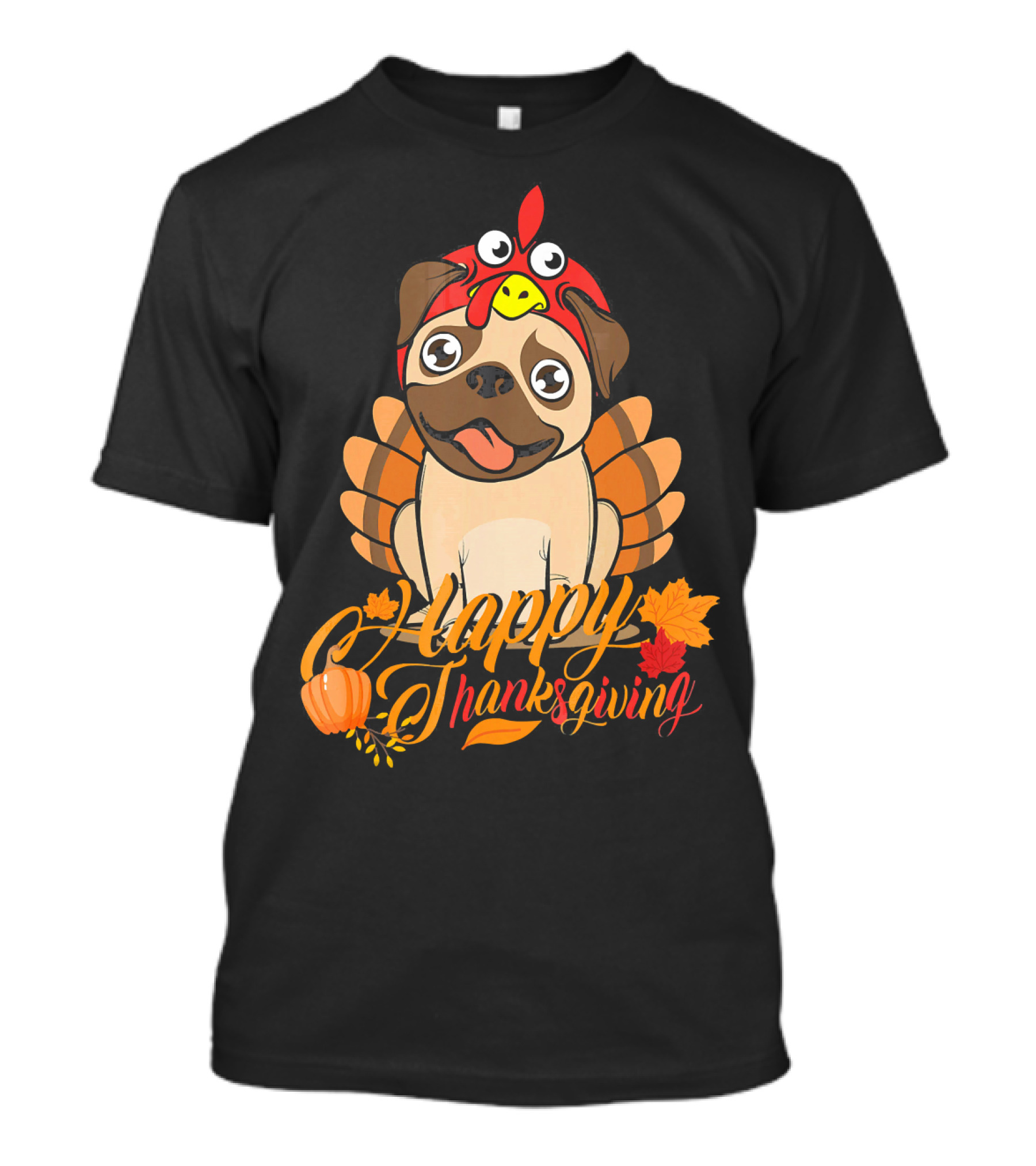 Happy Thanksgiving Pug Turkey Dog Costume With Pumpkins And Autumn Leaves T-Shirt