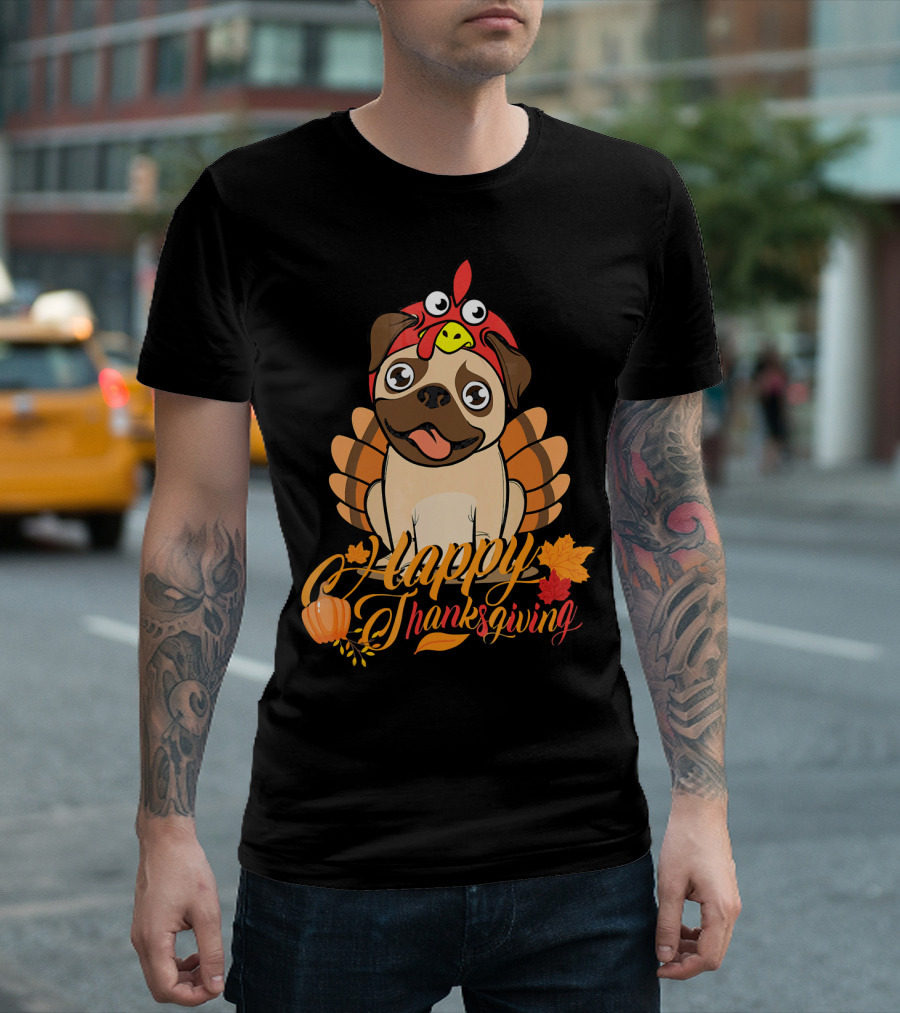 Happy Thanksgiving Pug Turkey Dog Costume With Pumpkins And Autumn Leaves T-Shirt