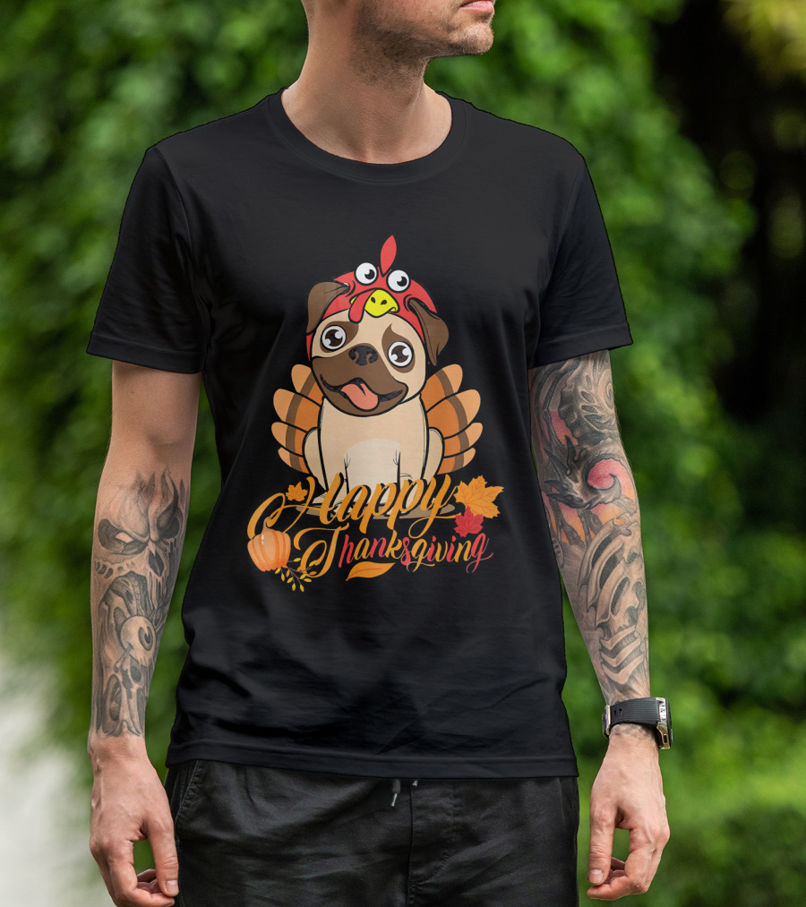 Happy Thanksgiving Pug Turkey Dog Costume With Pumpkins And Autumn Leaves T-Shirt
