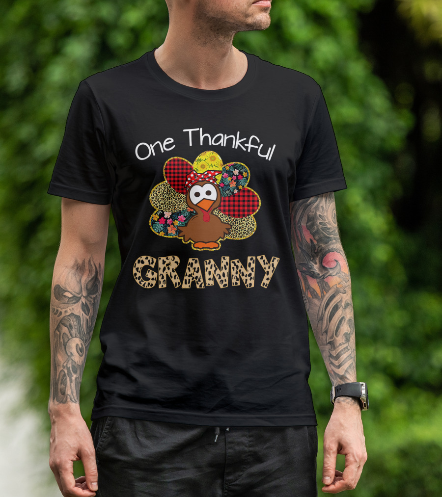 One Thankful Granny Turkey With Floral And Plaid T-Shirt