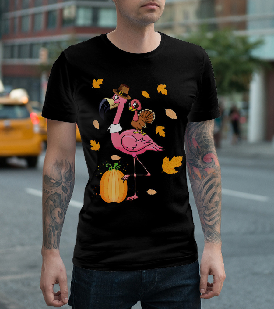 Funny Thanksgiving Turkey Riding Flamingo with Pumpkin and Autumn Leaves T-Shirt