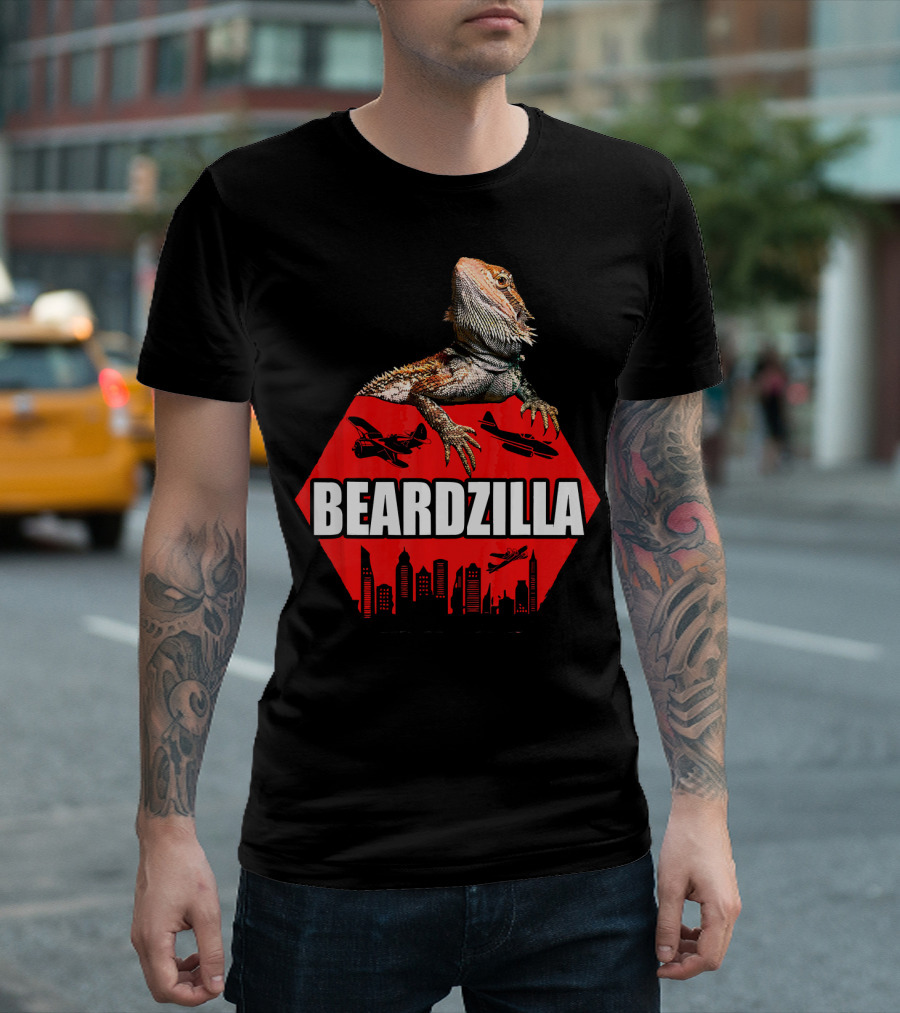 Beardzilla Funny Bearded Dragon Cityscape Airplanes Mock Iconic Monster T-Shirt