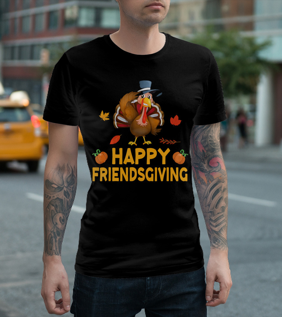 Happy Friendsgiving Funny Cute Turkey with Autumn Leaves and Pumpkins T-Shirt