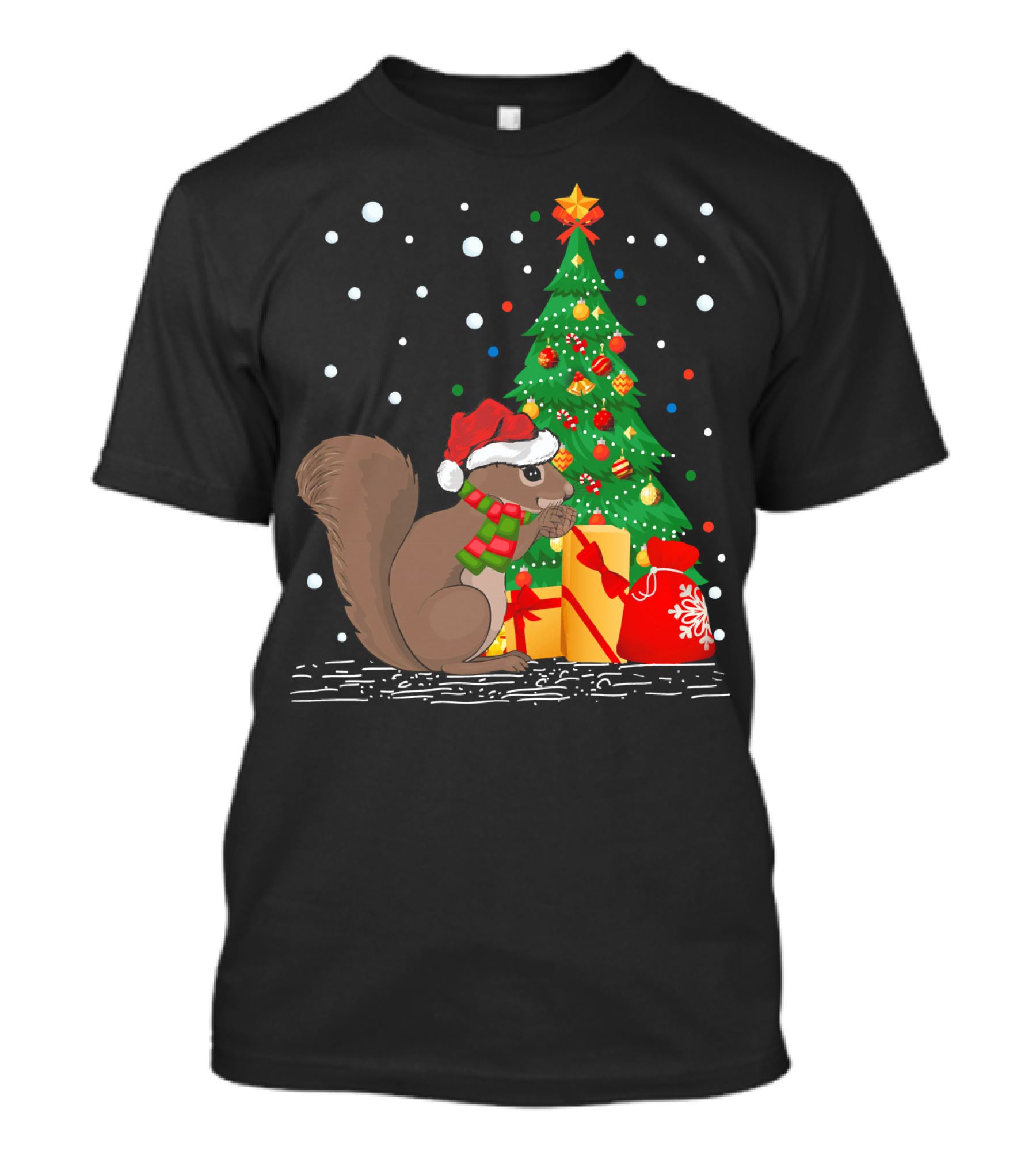 Funny Squirrel Lover Santa Hat Christmas Tree Snowflakes T-Shirt
