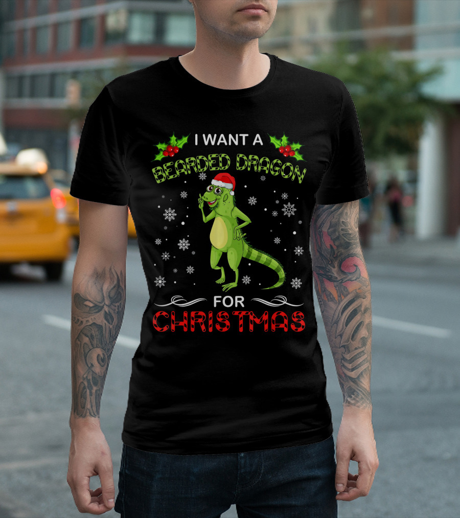 I Want A Bearded Dragon For Christmas Snowflakes And Santa Hat T-Shirt