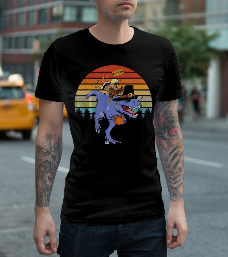 Turkey Riding Dinosaur with Eat Pizza Sign Retro Sunset T-Shirt