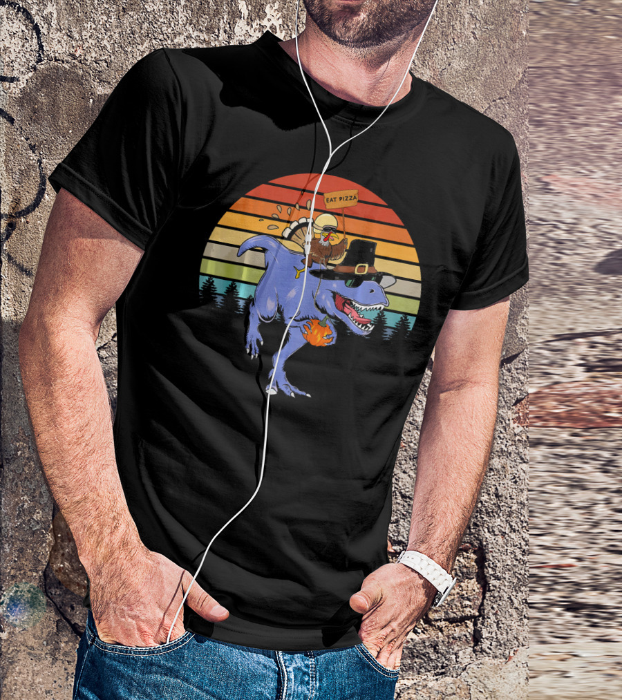 Turkey Riding Dinosaur With Eat Pizza Sign Retro Sunset T-Shirt