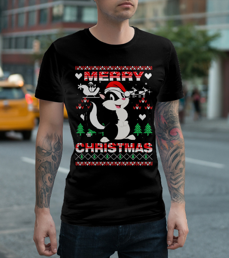 Merry Christmas Funny Skunk Santa Hat and Reindeer Snowflakes T-Shirt