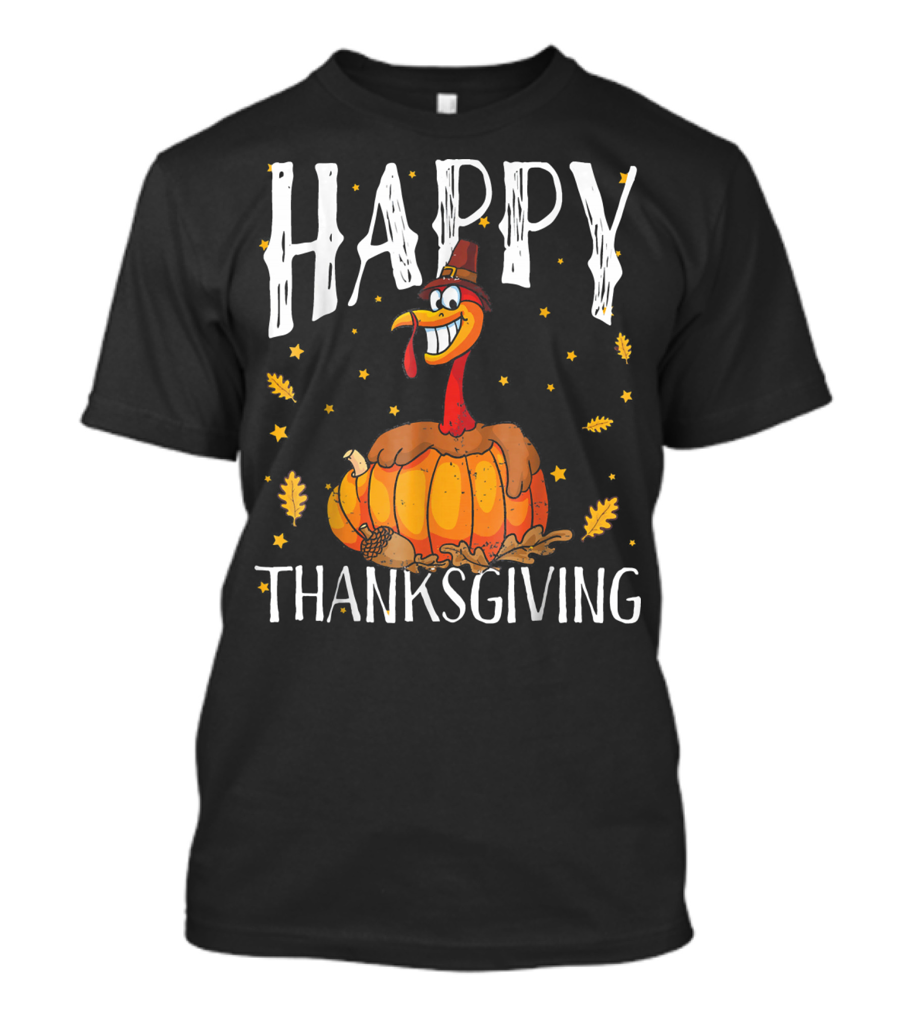 Happy Thanksgiving Turkey Inside Pumpkin With Autumn Leaves And Stars T-Shirt