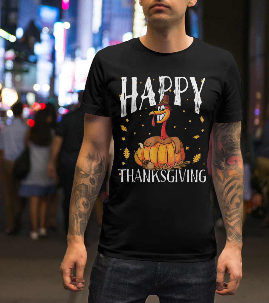 Happy Thanksgiving Turkey Inside Pumpkin With Autumn Leaves And Stars T-Shirt