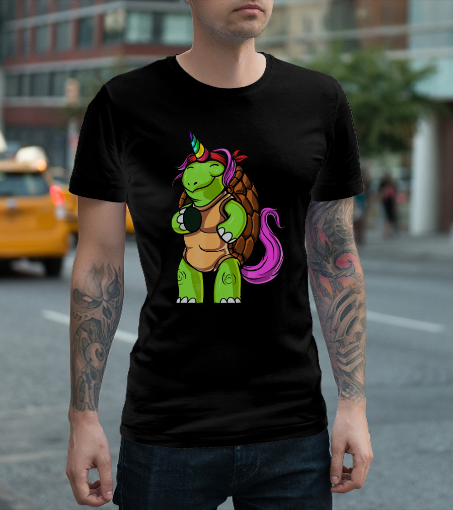 Magical Funny Turtle Tortoise with Unicorn Horn and Rainbow Colors T-Shirt