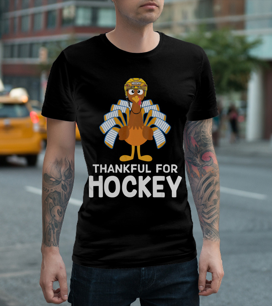 Thankful For Hockey Cute Turkey Wearing Helmet T-Shirt