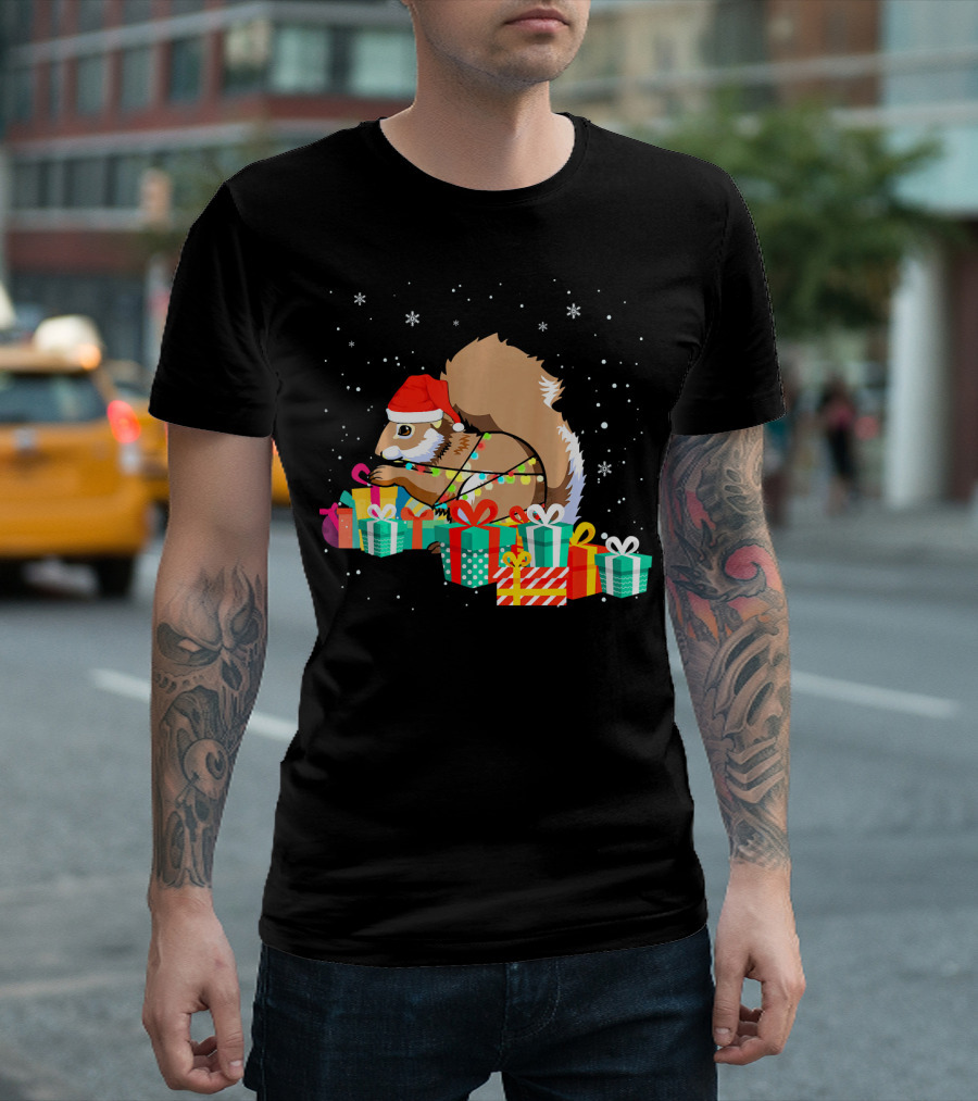 Squirrel with Santa Hat and Christmas Presents Lights T-Shirt