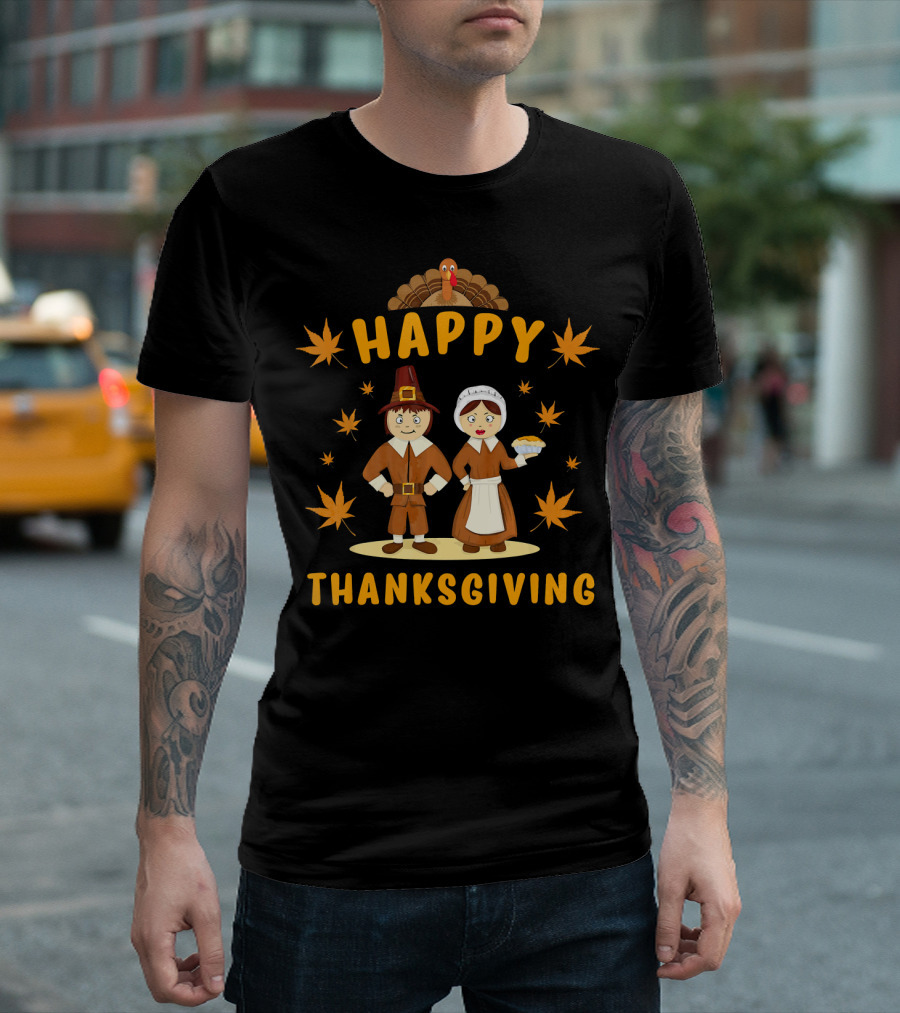 Happy Thanksgiving Pilgrim Turkey And Pie Cartoon T-Shirt