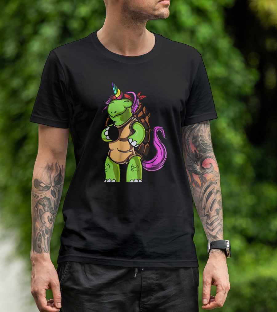 Funny Turtle Unicorn Tortoise With Rainbow Horn And Pink Mane T-Shirt