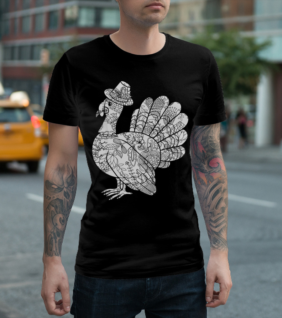 Floral Patterned Turkey with Top Hat T-Shirt